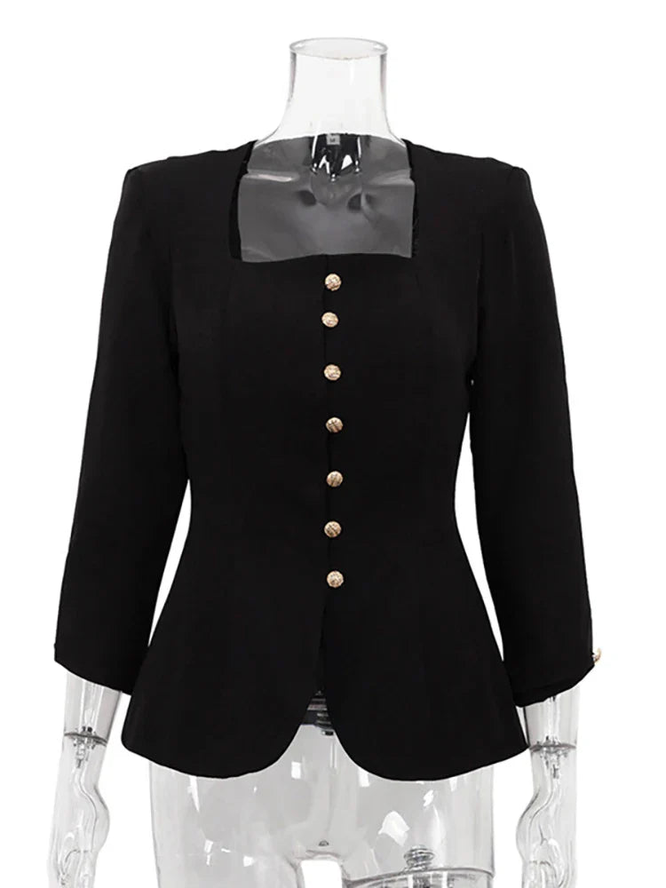 Square Collar Black Long Sleeve Jacket