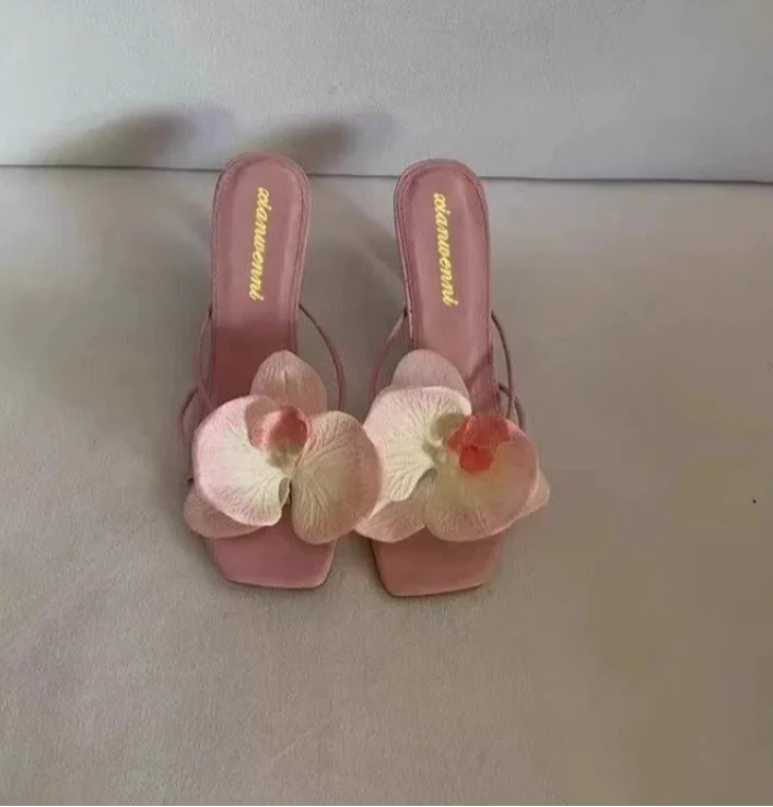 3D Flower High Heels Square Toe Shoes