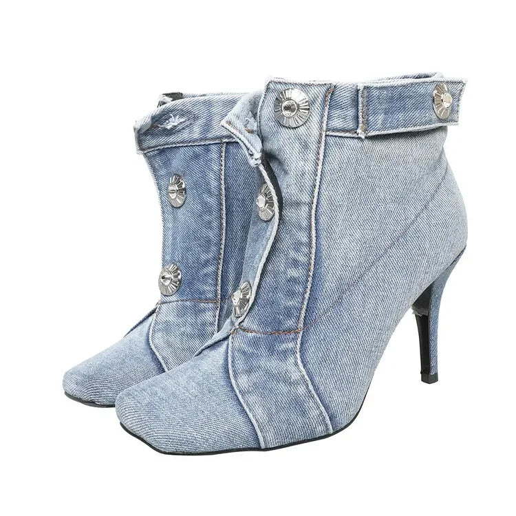 Denim Slim High Heel Button Sandals