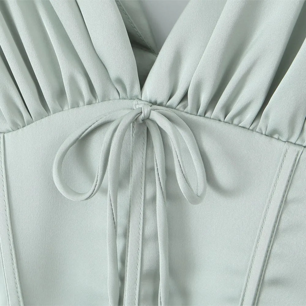 Stain Pleated Ruched Strap Bow Folds Hem Mini Dress