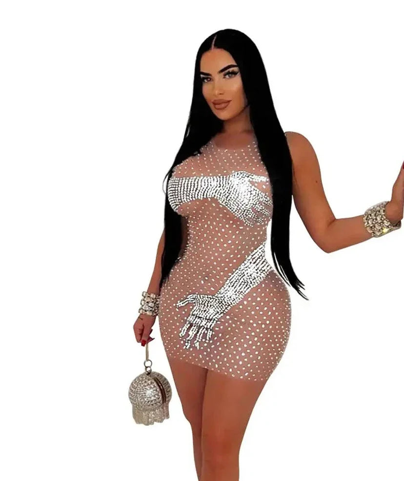 Mesh Rhinestone Round Neck Sleeveless Mini Dress