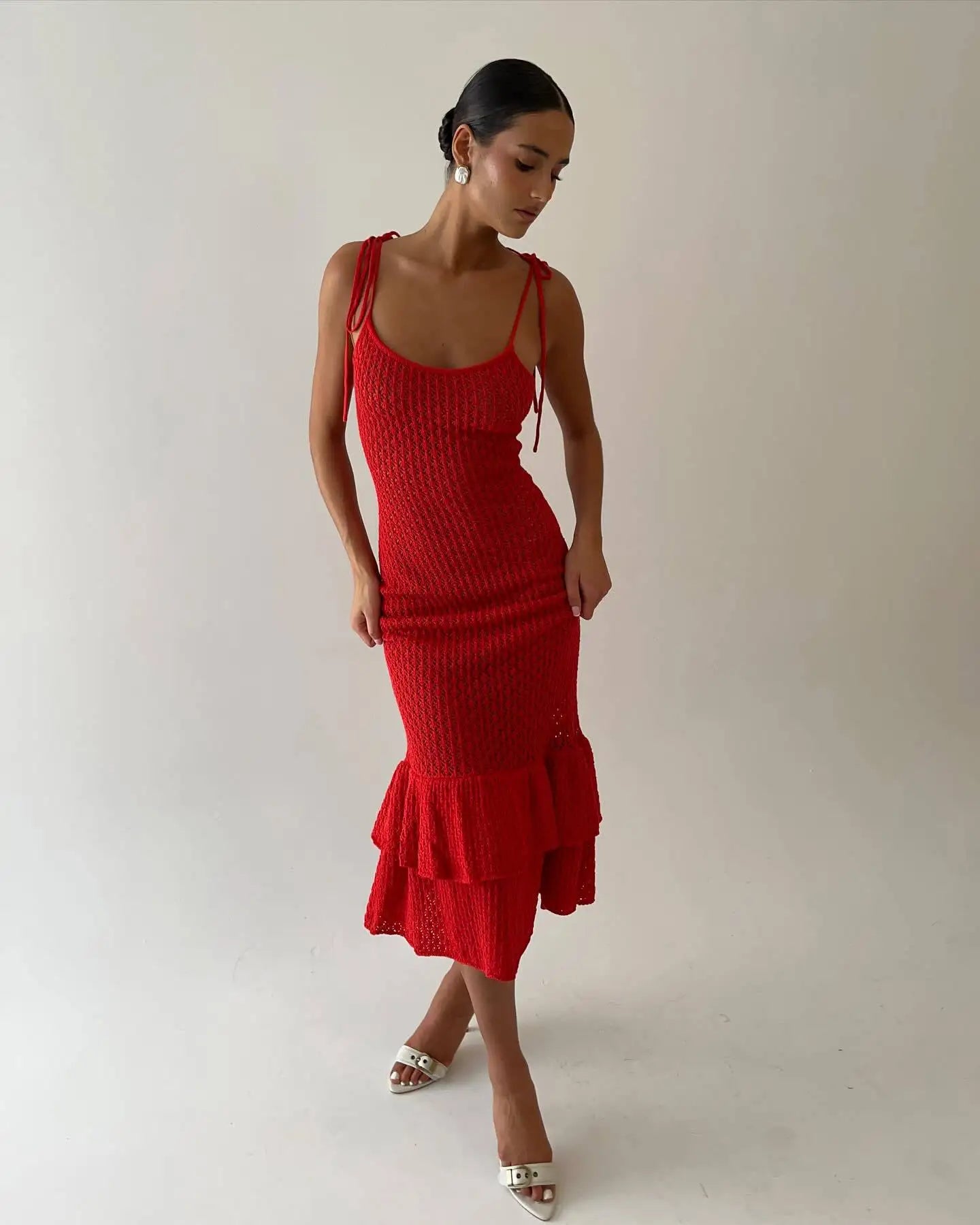 Crochet Maxi Dress with Ruffle Trim