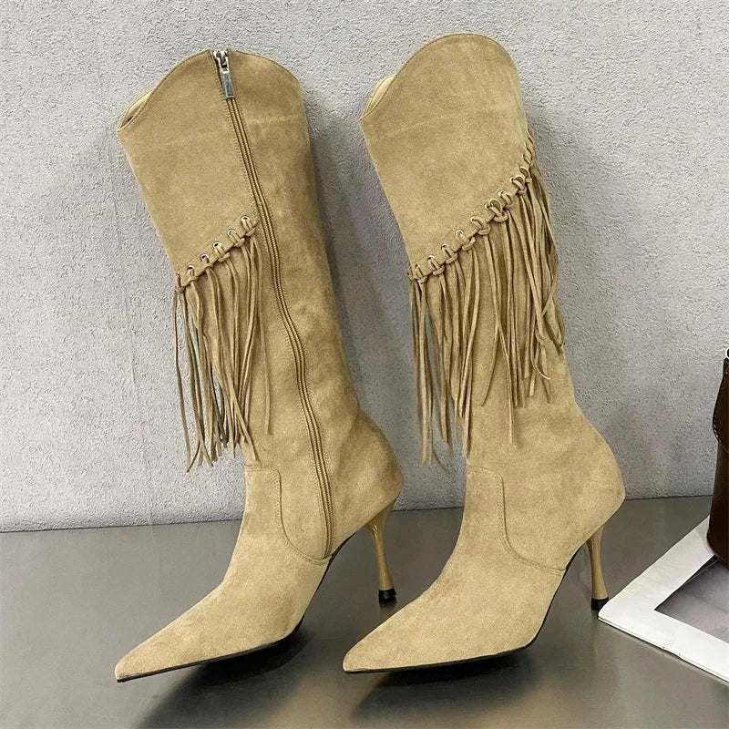 Fringe Thin High Heels Knee-High Boots