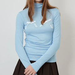 Basic Turtleneck Bow Patched Top