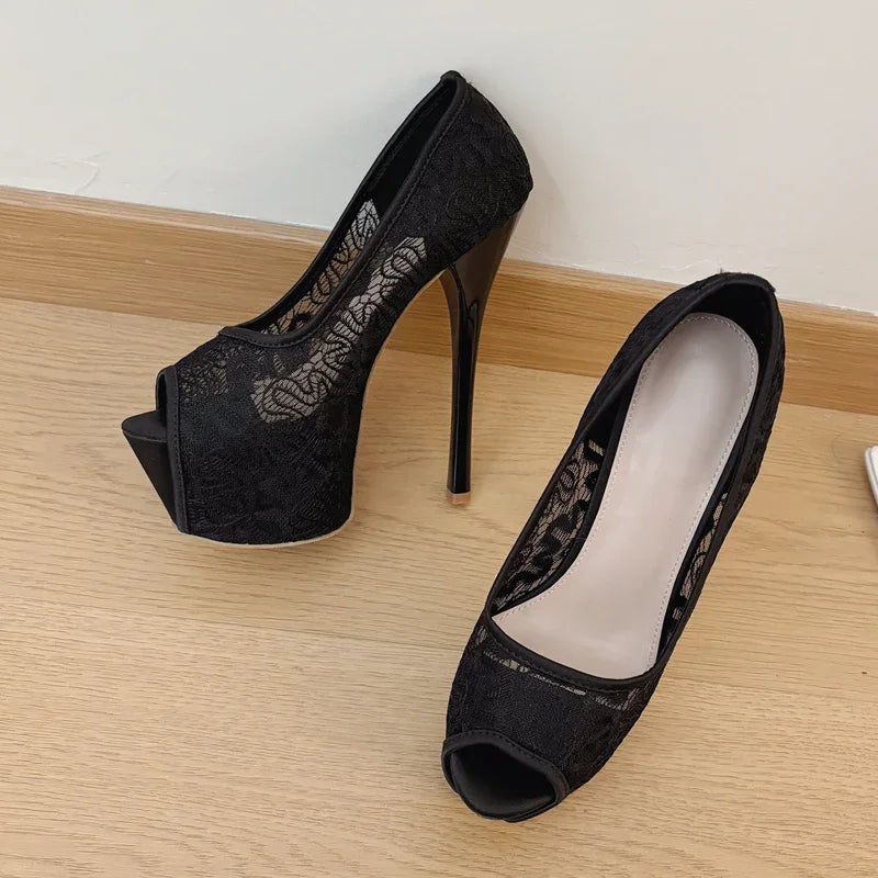 Lace Mesh Peep Toe High Stiletto Heels Shoes