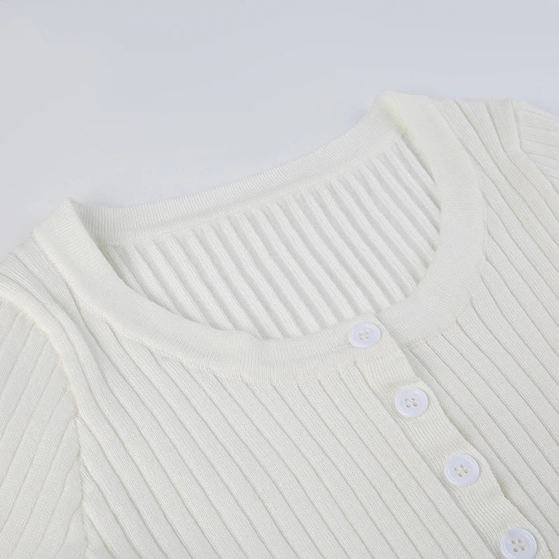 Basic White Buttons Long Sleeves Knitted Top