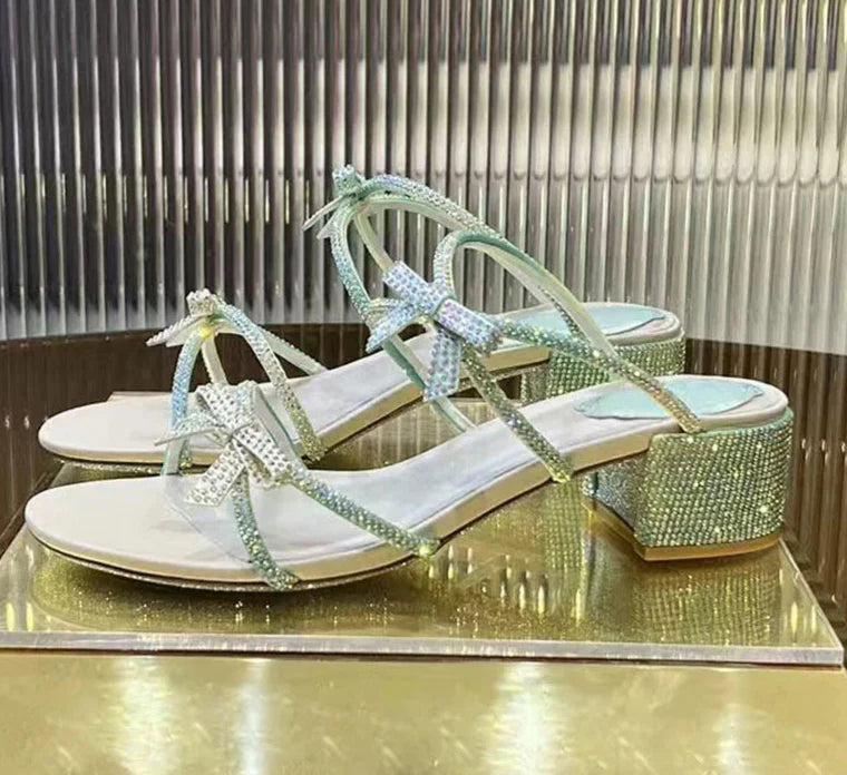 Square Heels Crystal Butterfly-knot Party Shoes
