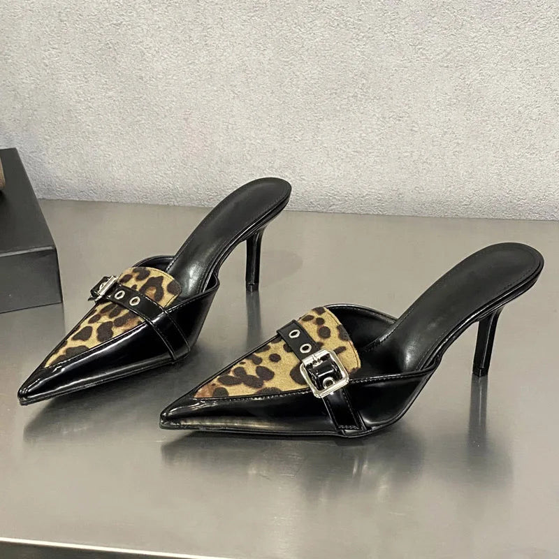 Leopard Print Buckle Strap Thin High Heels Shoes