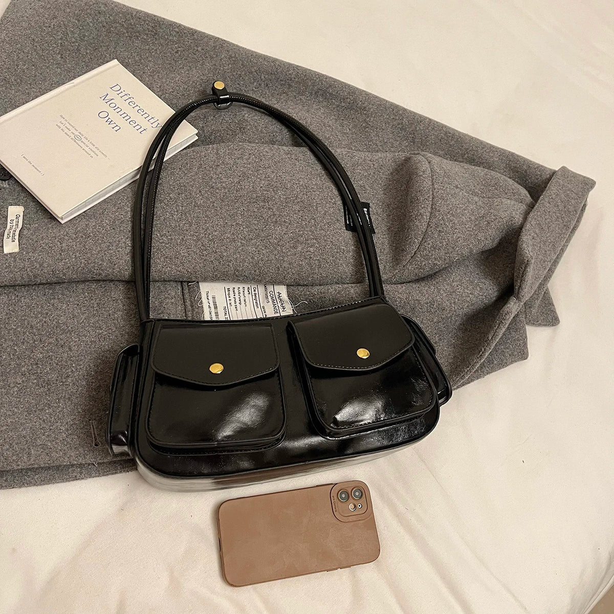 Faux Leather Small Double Pockets Underarm Bags
