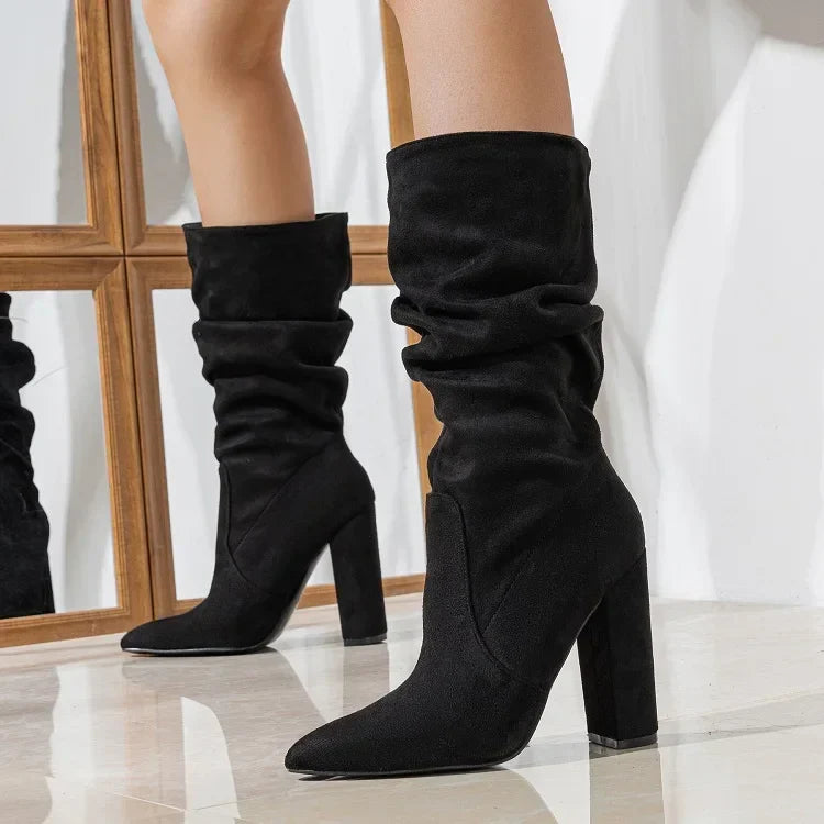 Pleated Square High Heels Ankle Boots