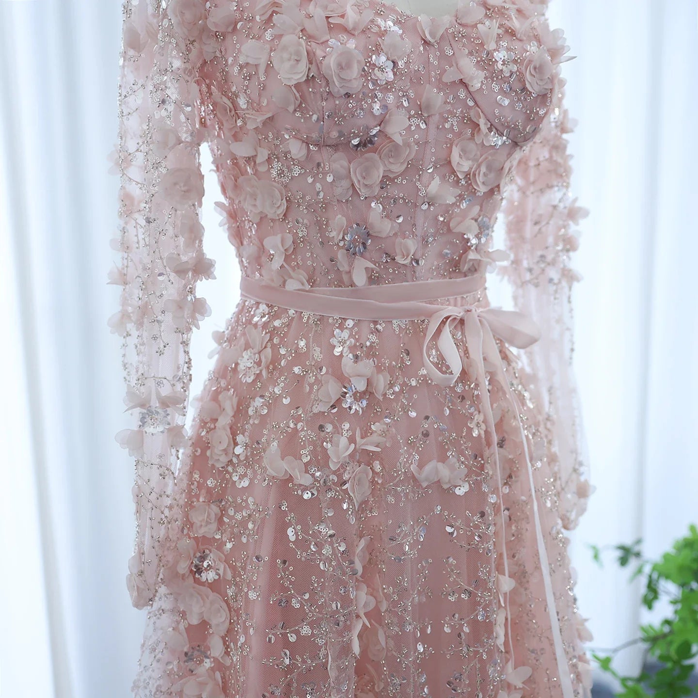 3D Floral A-Line Evening Gown Long Sleeves