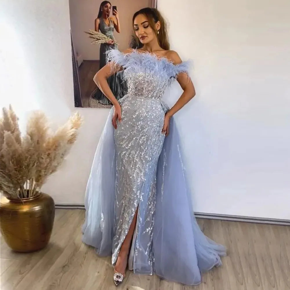 Feathers Off-shoulder Side Slit Overskirt Party Dress