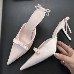 Silk Butterfly-Knot Thin High Heels Mules Shoes