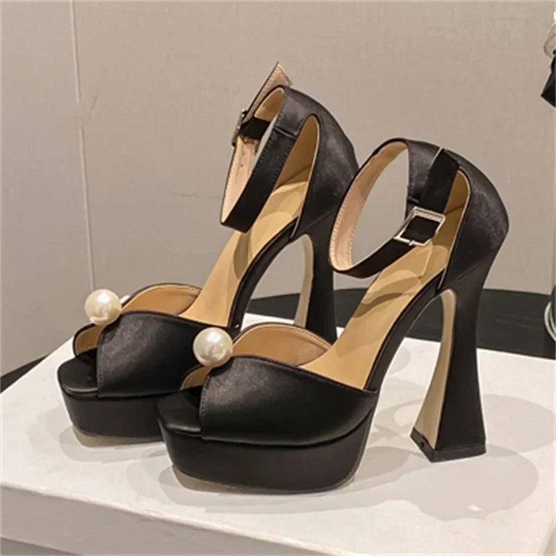 String Bead Silk Platform Buckle Strap Shoes