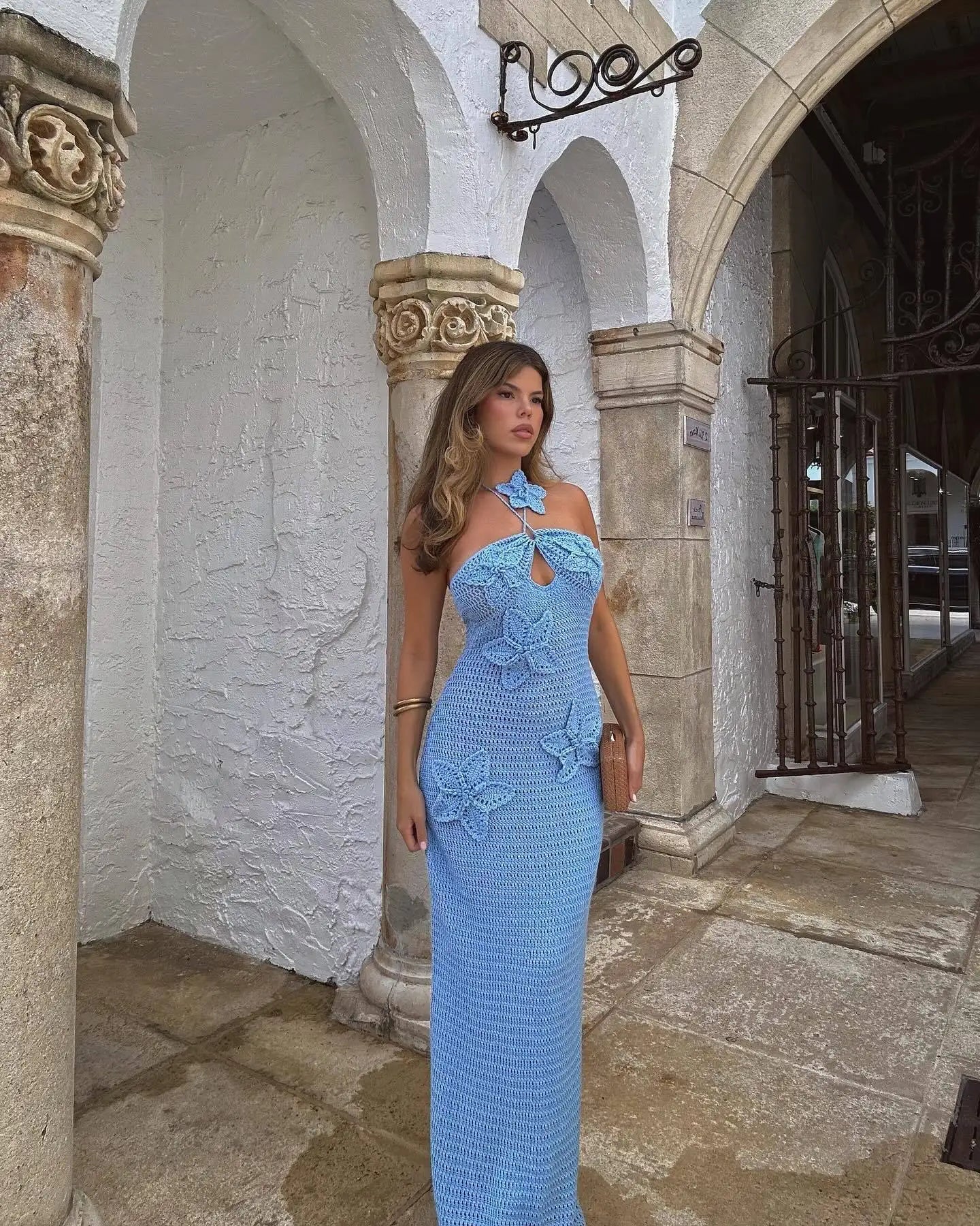 Knit Crochet Flower Applique Halter Maxi Dress
