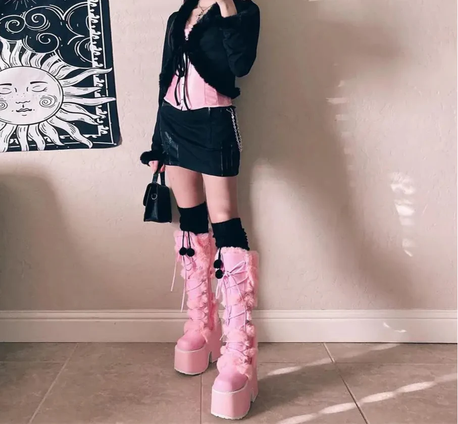 Zip Faux Fur Chunky High Heeled Boots