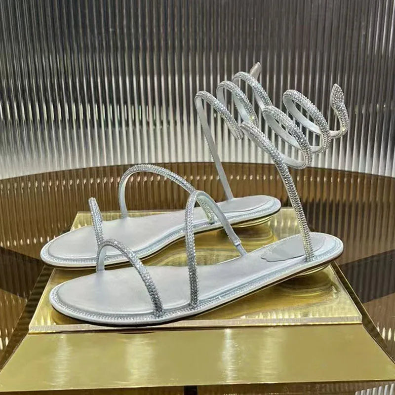 Rhinestone Snake Twine Around Ankle Strap Flat Sandals