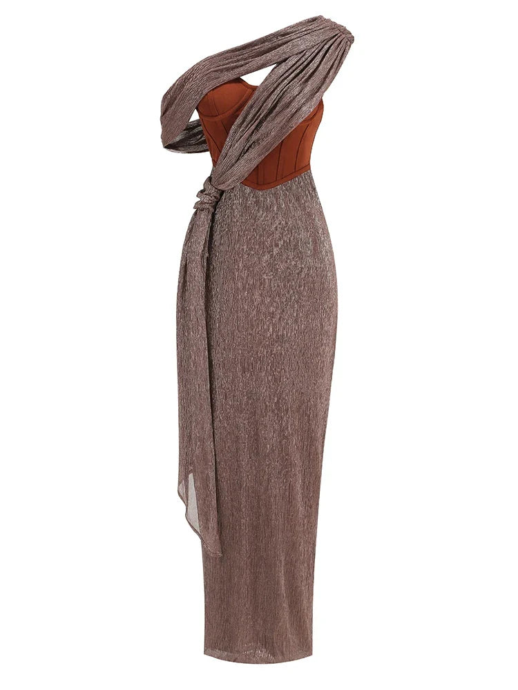 One Shoulder Draped Glitter Brown Maxi Dress