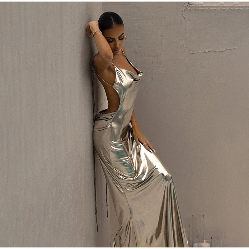 Metallic Shiny Backless Cowl V Neck Dress