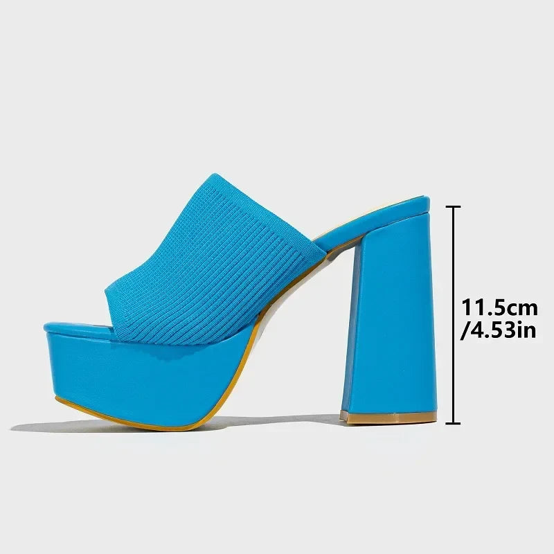 Stretch Fabric Square Toe Platform High Heels Sandals