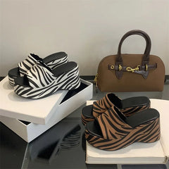 Zebra Stripes Thick Bottom Heels Banquet Slides Shoes
