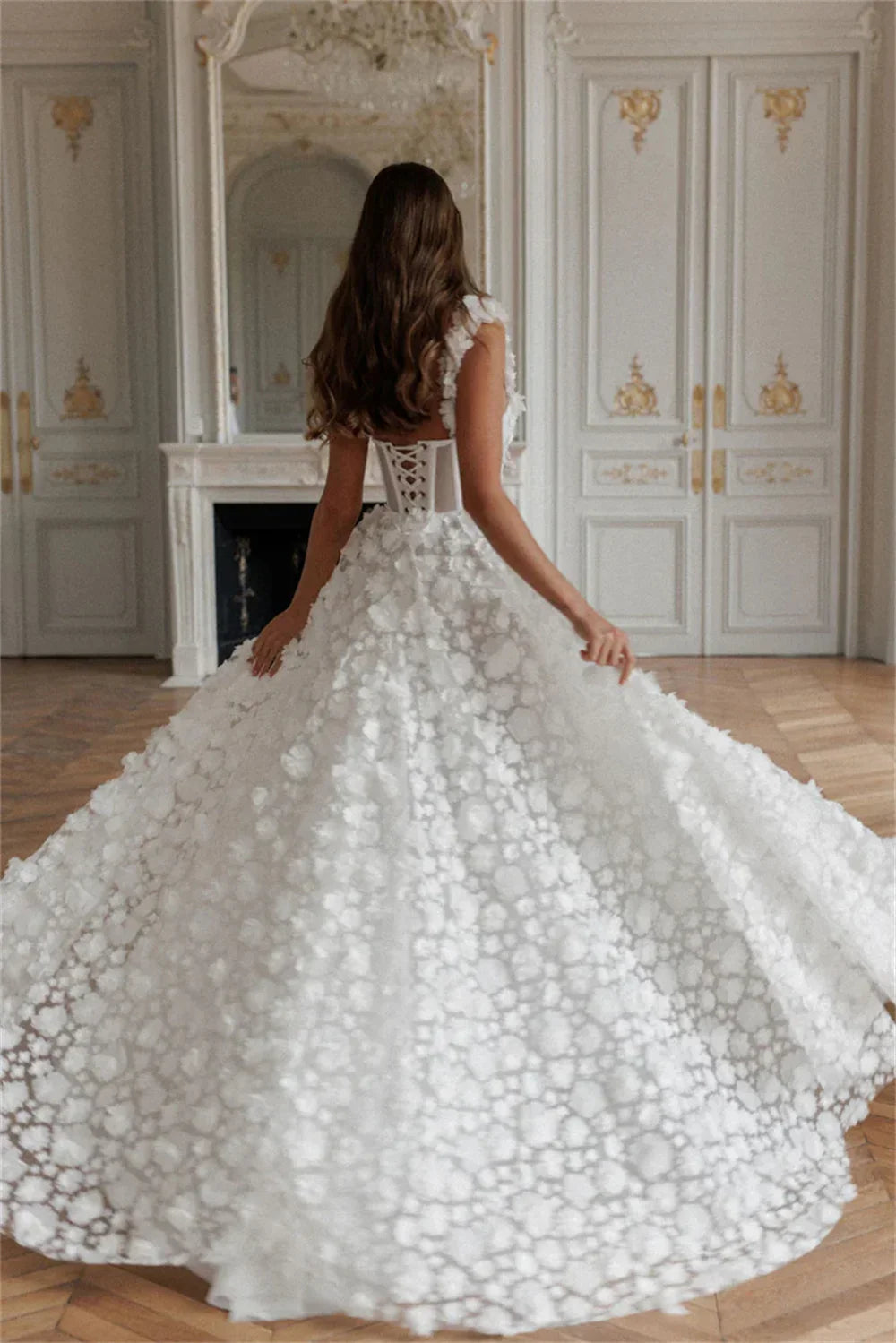 3D Flower Lace-up Back Side High Split Evening Dress