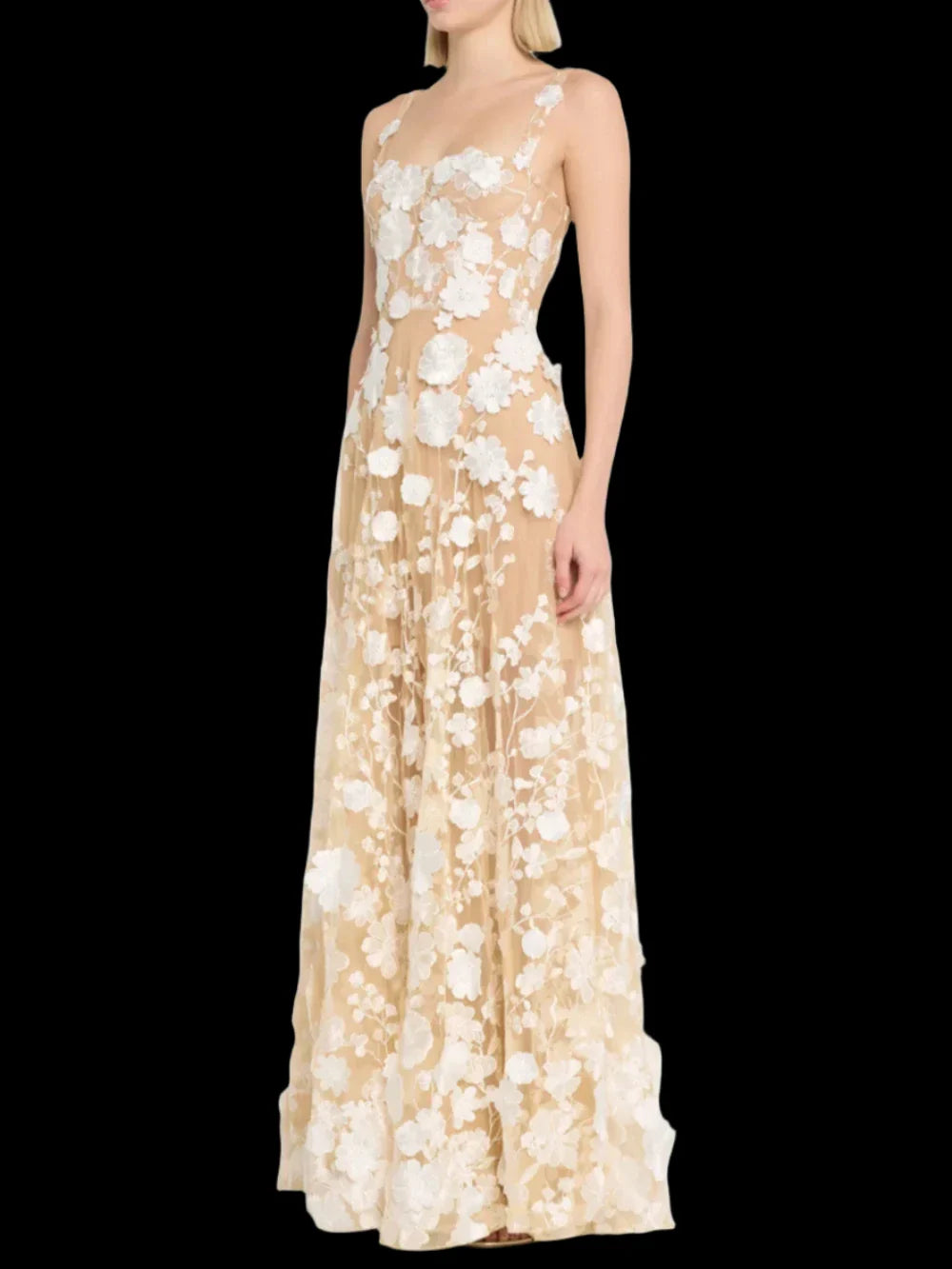 Floral Embroidered Mesh Maxi Dress