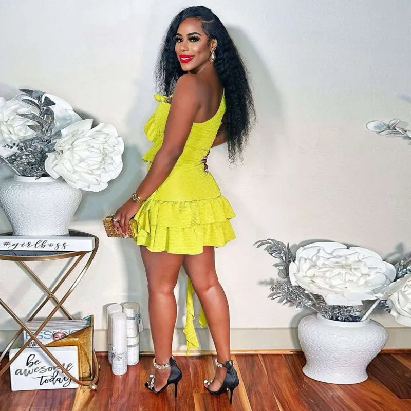 Ruffles Ribbons One Shoulder Top Mini Skirts Suits