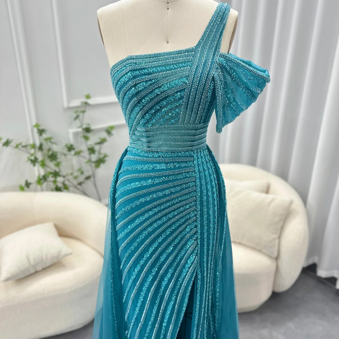 Sage Green One-Shoulder Evening Gown with Overskirt