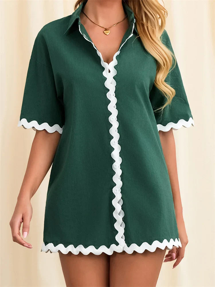 Contrast Short Sleeve Turn-Down Collar Mini Dress