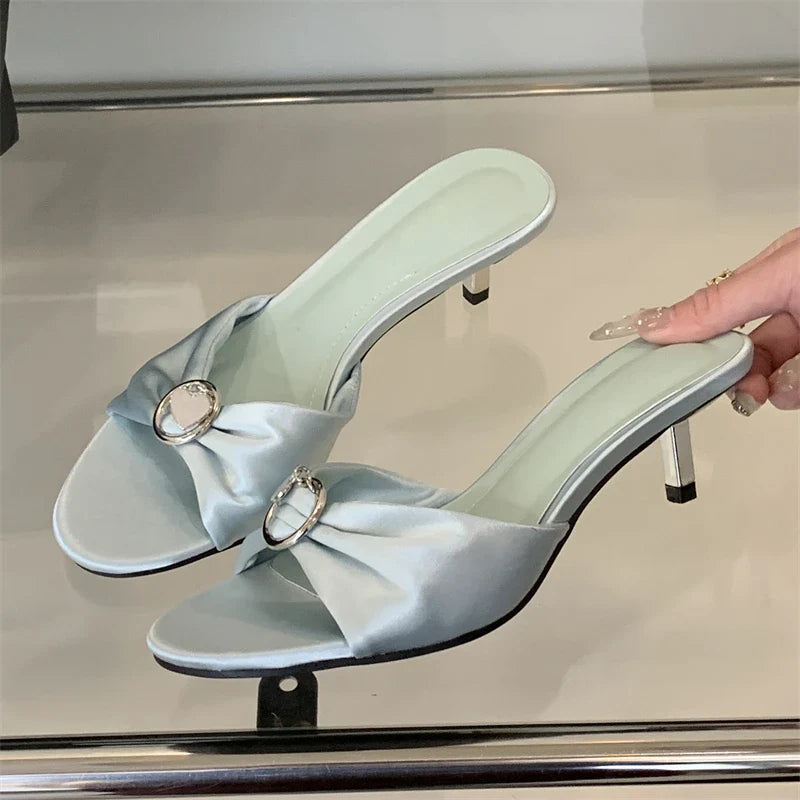 Silk Crystal Open Toe Thin Low Heels Shoes