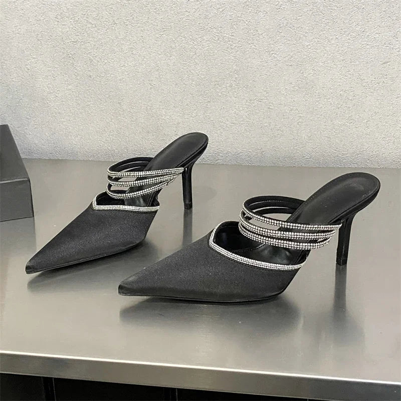 Crystal Narrow Band Pointed Toe Thin Low Heeled Shoes
