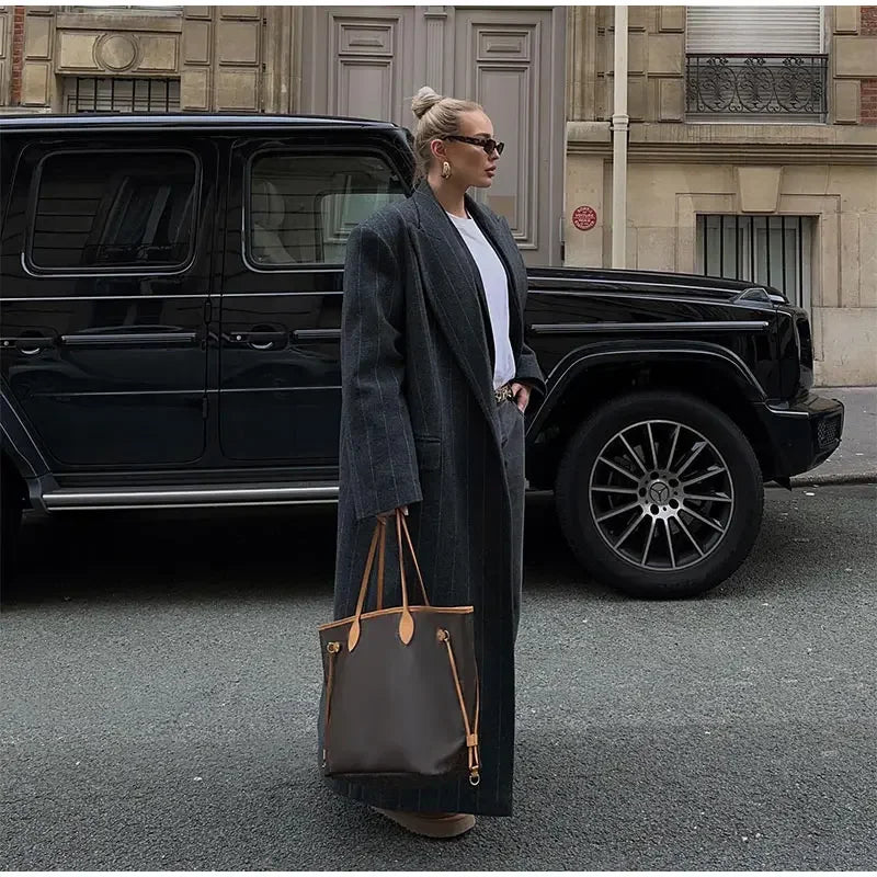 Lapel Striped Oversize Full Sleeve Long Coat