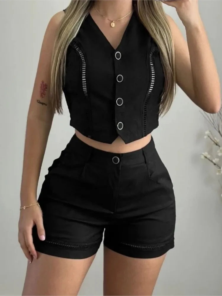 Buttons Sleeveless Solid Top and Shorts Suit