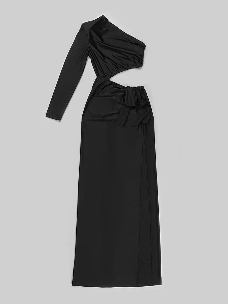 Black Inclined Shoulder High Split Draped Maxi Dress