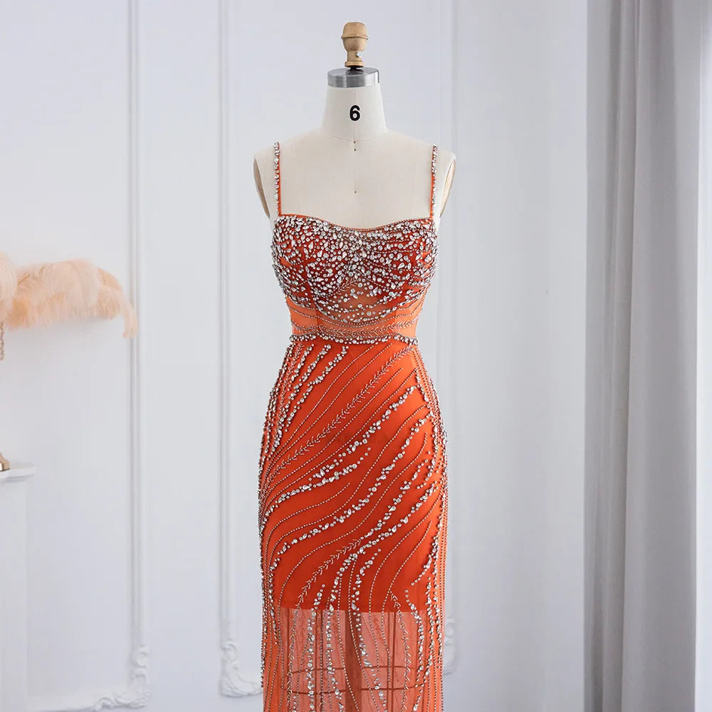 Orange Crystal Mermaid Evening Dress