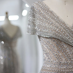 Silver Mermaid Evening Dress with Cap Sleeves