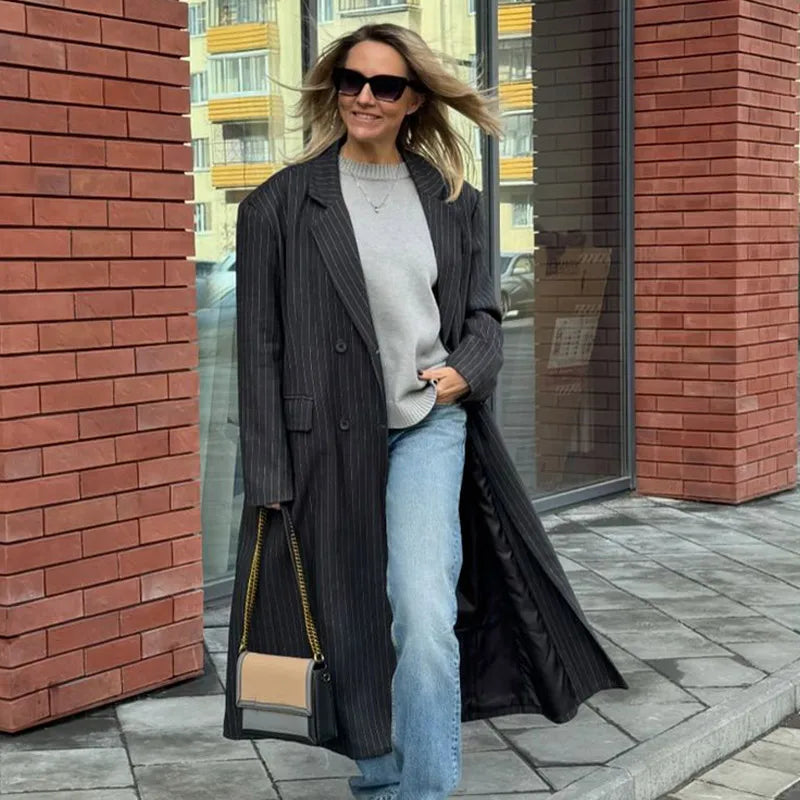 Lapel Striped Oversize Full Sleeve Long Coat