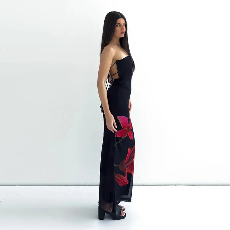 Black Tube Flower Print Back Tie Up Maxi Dress