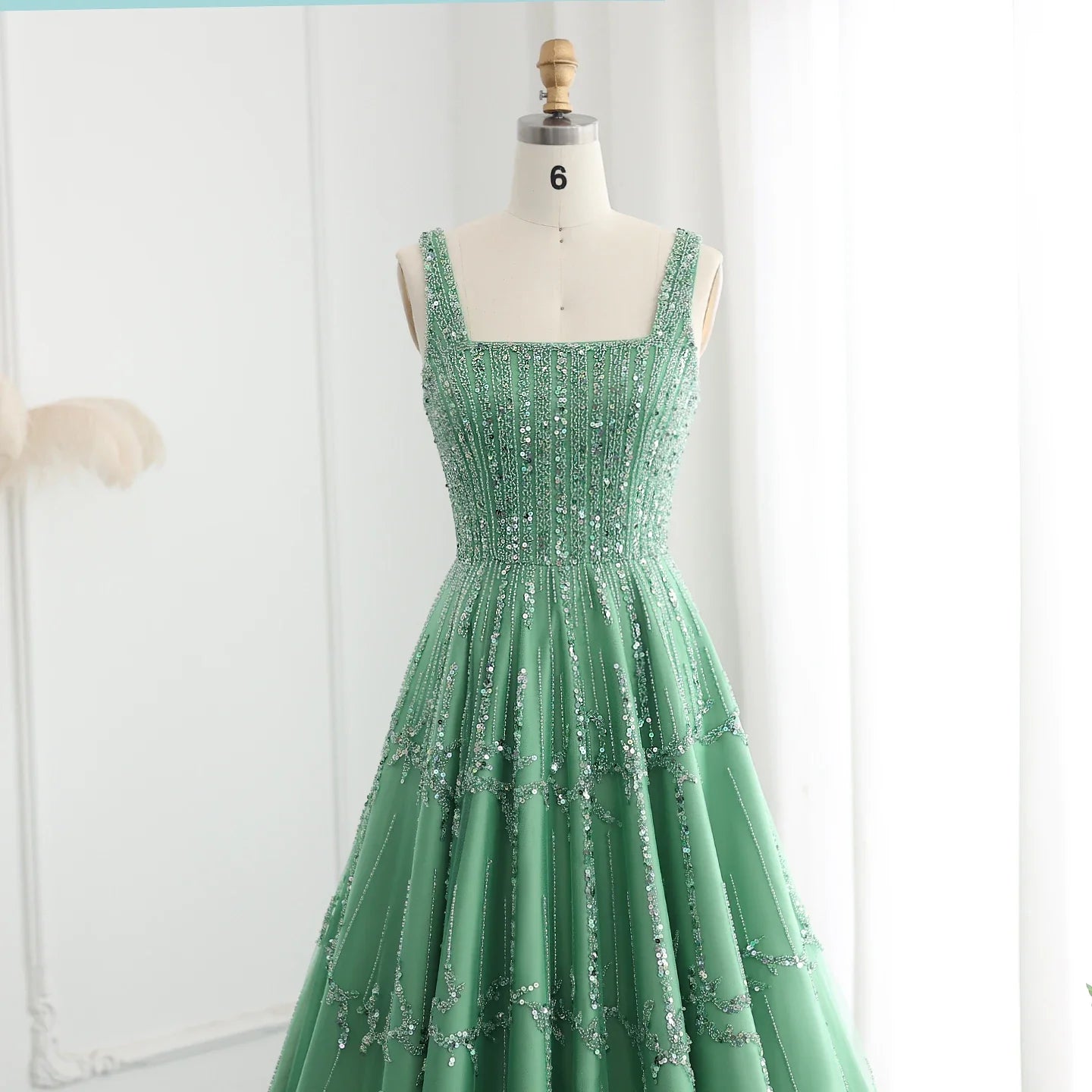 Beaded Green Spaghetti Strap Elegant Evening dress