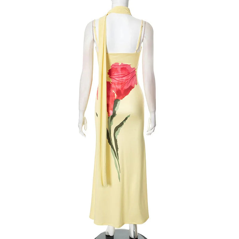 Print Yellow Spaghetti Strap Long Dress