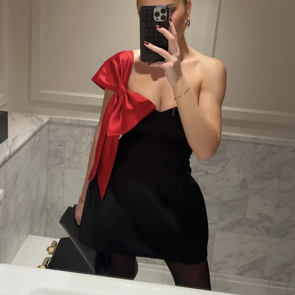 Tee Bow Bandage High Waist Zipper Mini Dress
