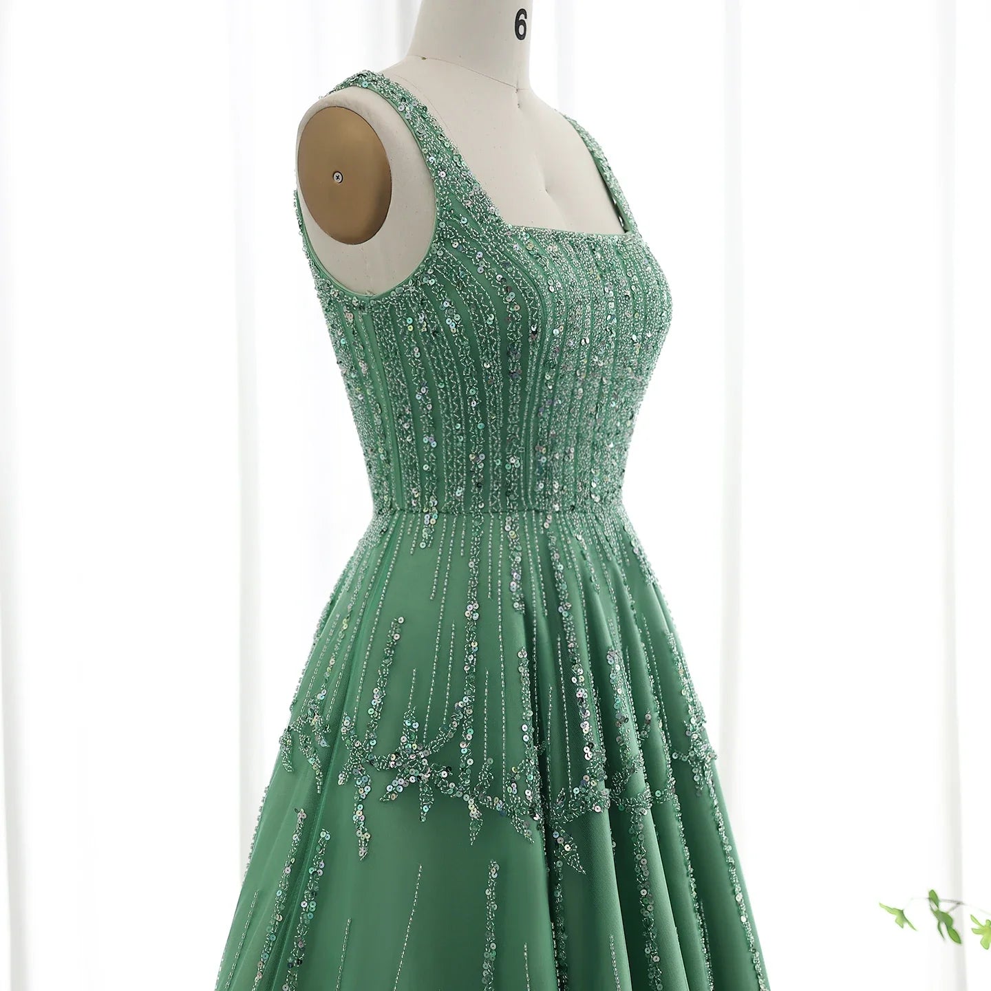 Beaded Green Spaghetti Strap Elegant Evening dress
