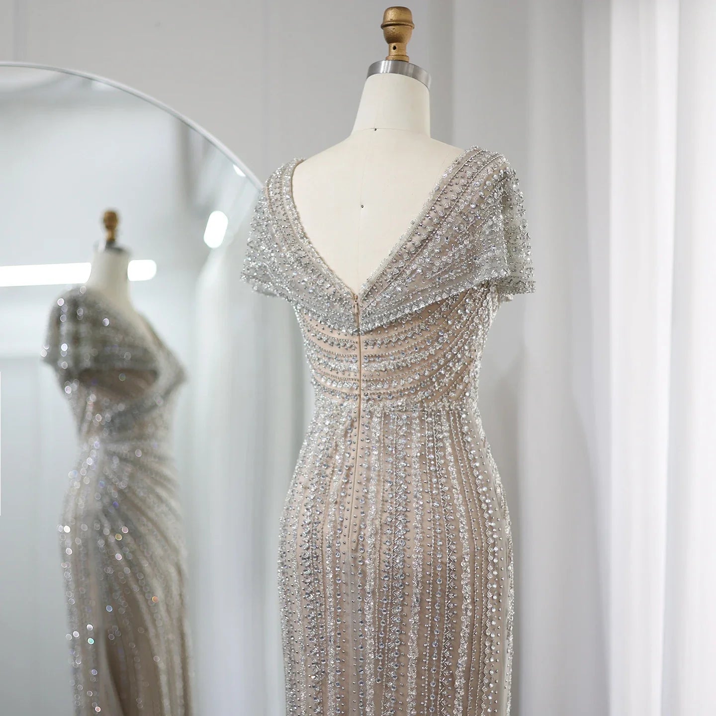 Silver Mermaid Evening Dress with Cap Sleeves