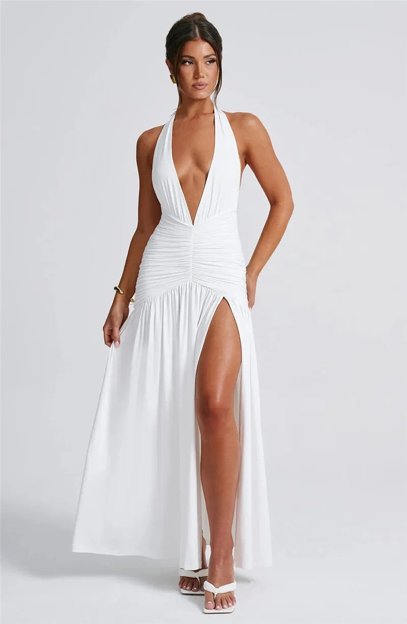 Open Back Solid Thigh High Split Long Dress