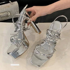 Narrow Band Ankle Lace-up Square Toe Sandals