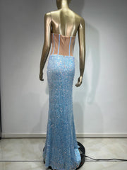 Strapless Mesh Sequins Ruffles Maxi Dress