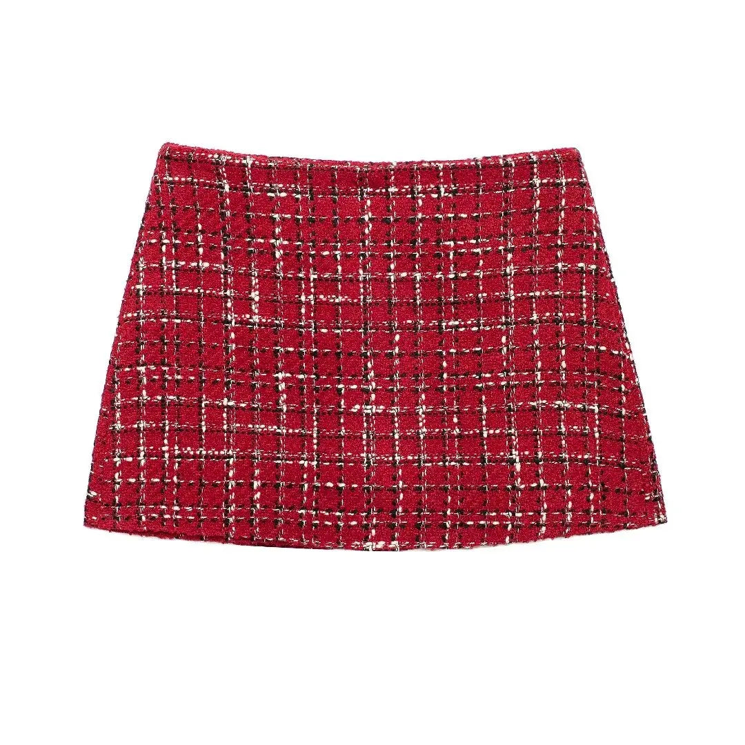Plaid Lapel Coat and Side Zipper Short Suit