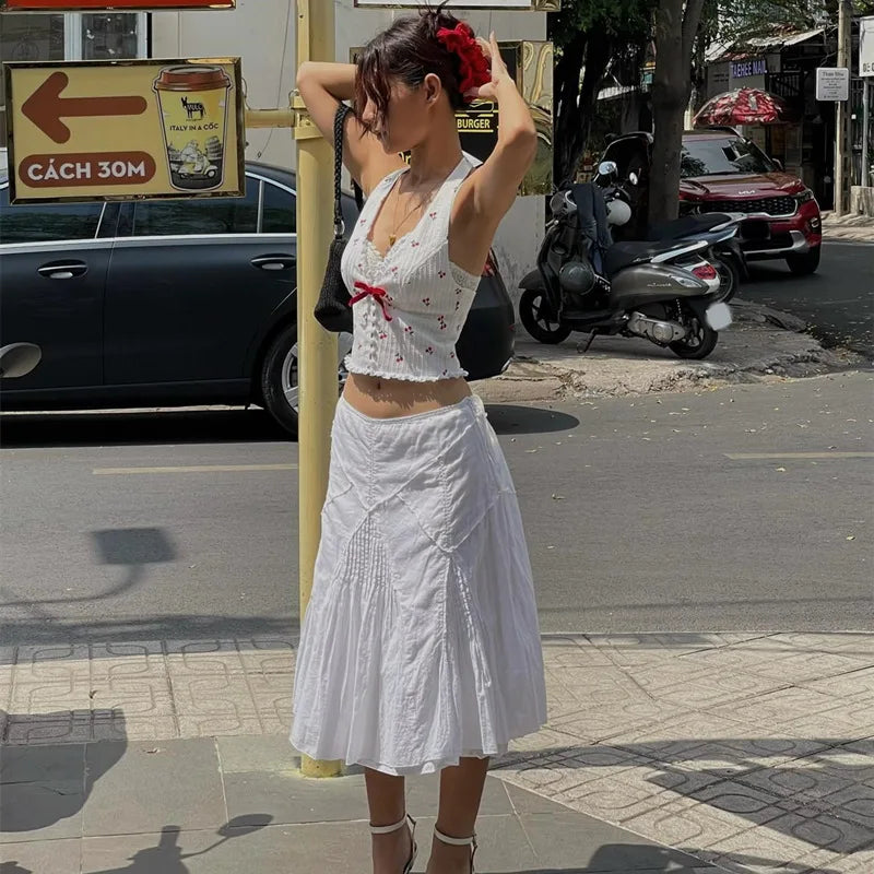 Floral Knit Halter White Crop Top
