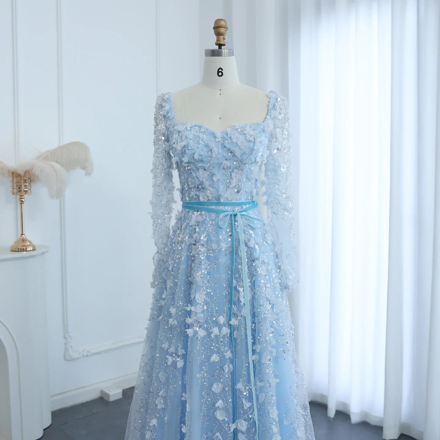3D Floral A-Line Evening Gown Long Sleeves